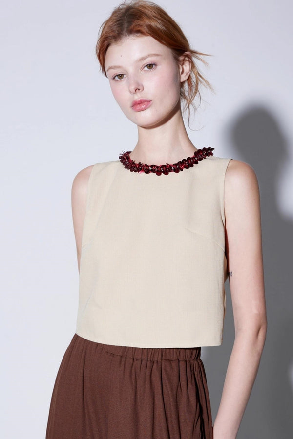 Hand-Beaded Floral Bow Top