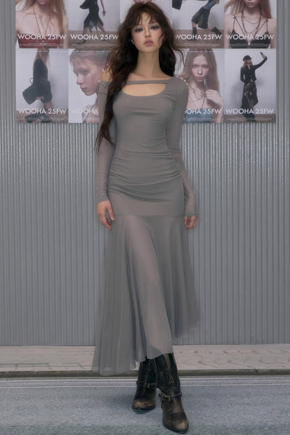 Hollow Collar Inner Spliced Long Dress