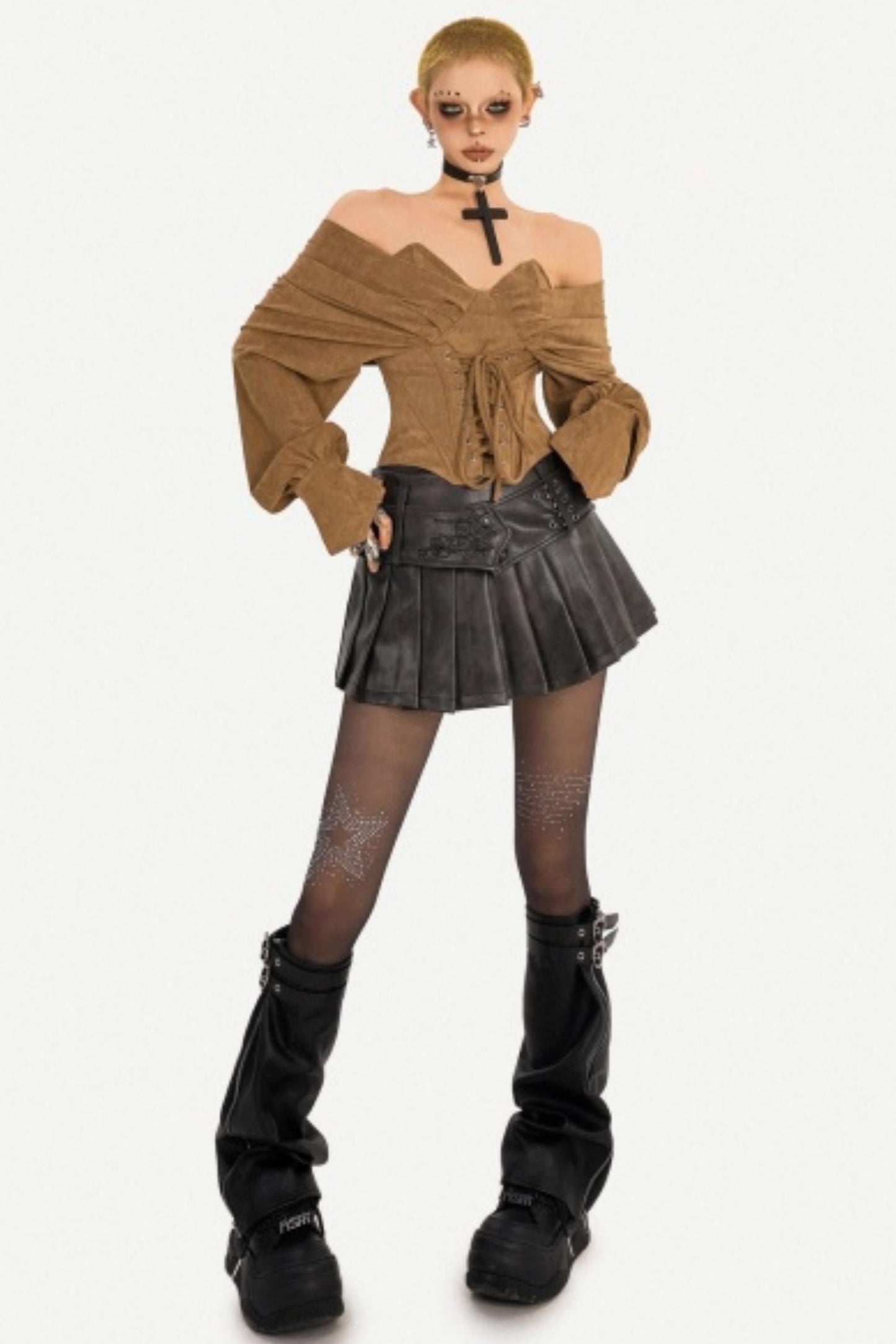 Caramel Retro Off-Shoulder Top