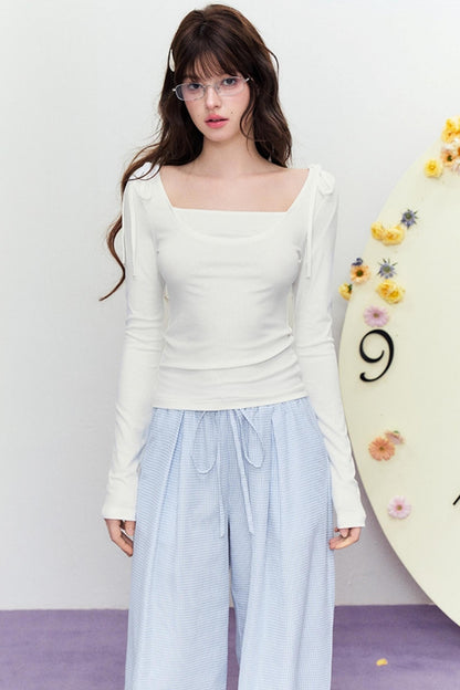 Korean Slim Tie Shoulder Top
