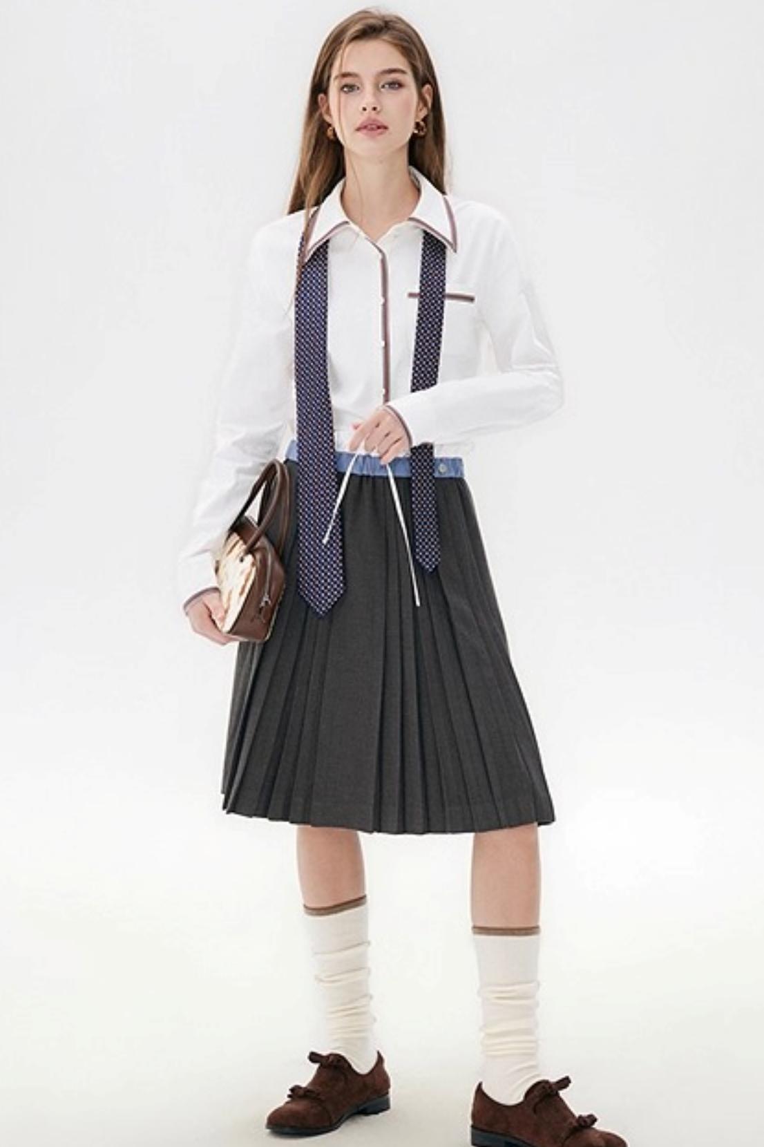 Gray Wool Blend Pleated Skirt