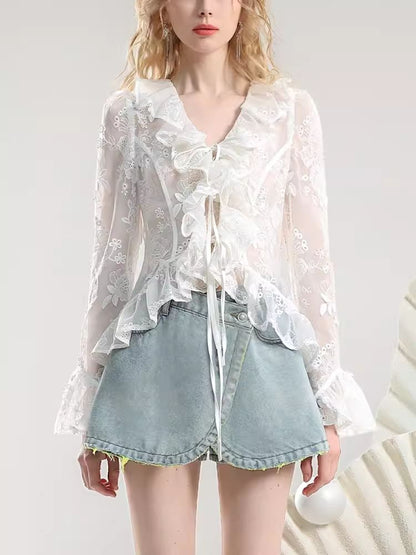 Embroidery Organza Tie Romantic Cardigan