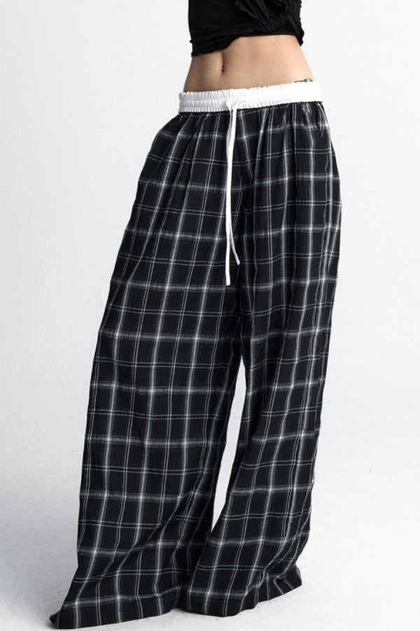Summer Plaid Wide-Leg Pants