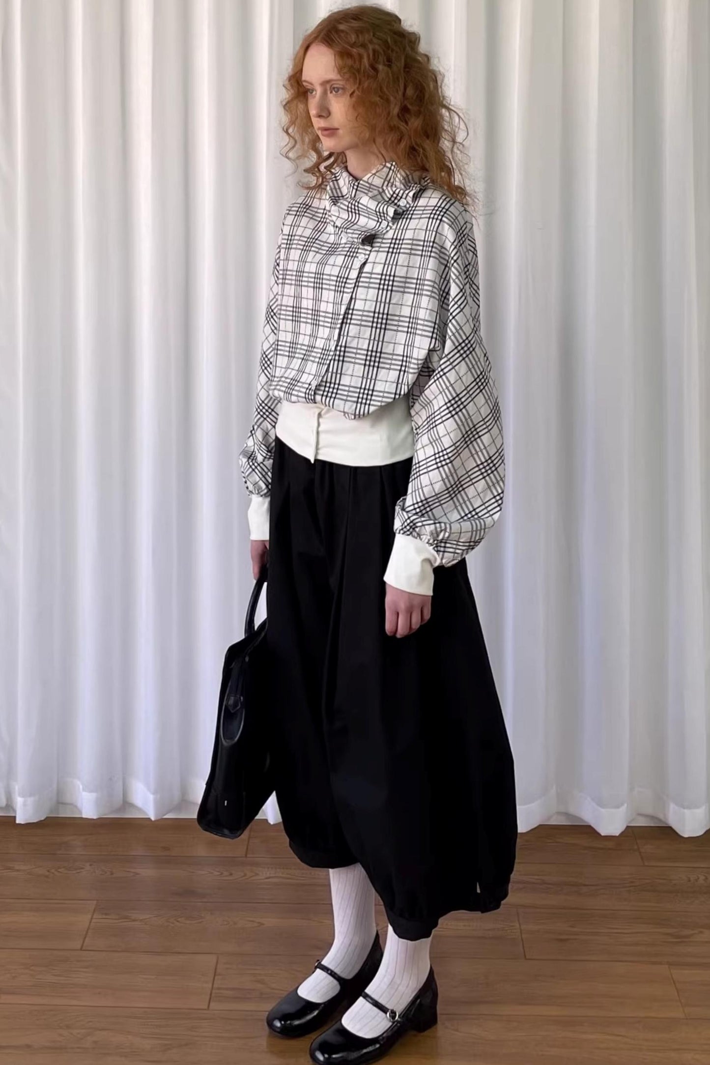 Checkered Pleated Collar Shirt