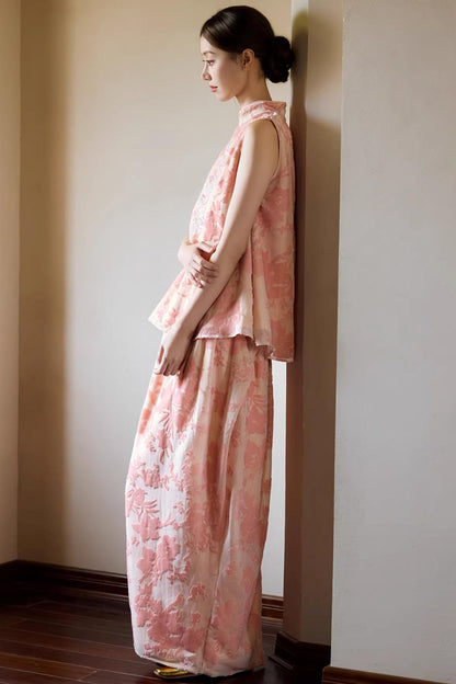 Embroidered Pink Cheongsam Skirt Set-Up