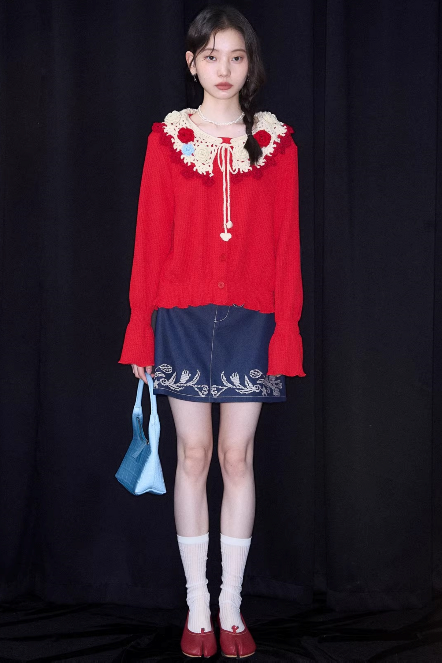 Tulip Embroidery Denim Skirt