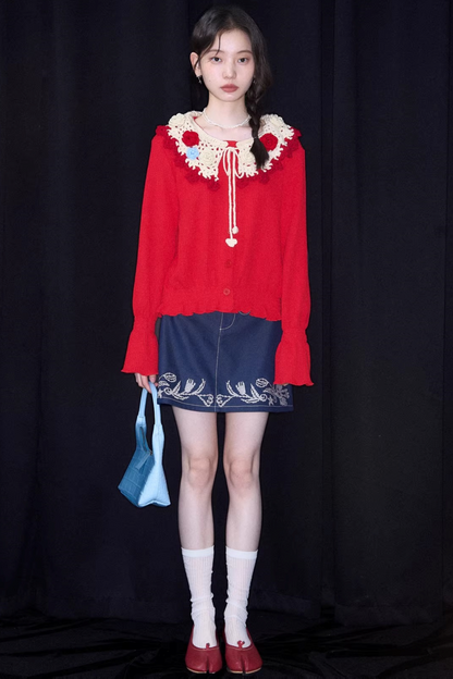 Tulip Embroidery Denim Skirt