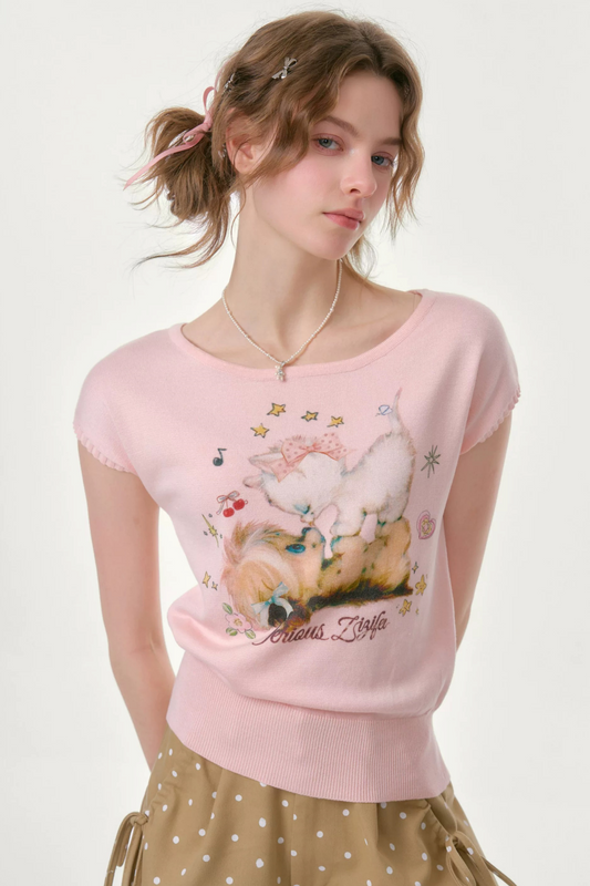 Pink Knitted Short-Sleeve T-Shirt