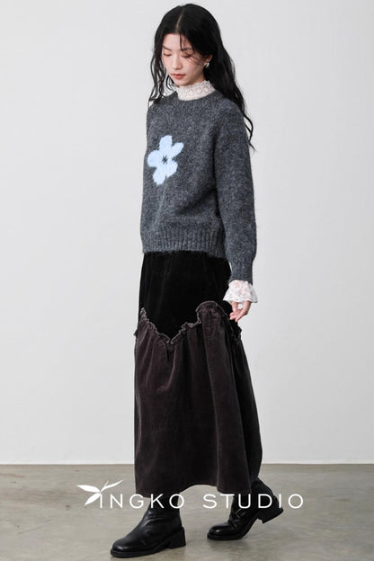 Gray Coffee Spliced Corduroy Skirt