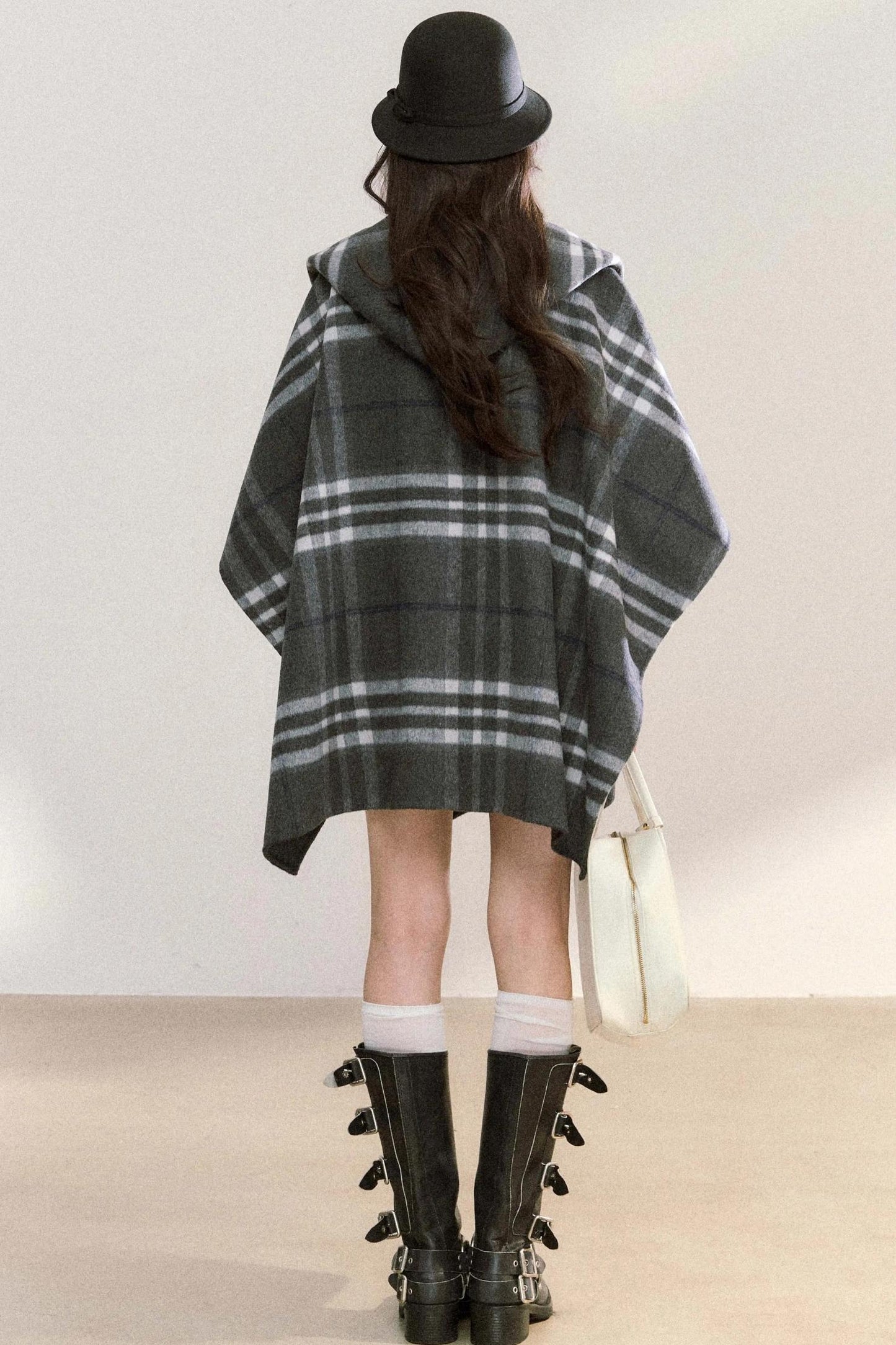Gray Plaid Reversible Wool Cape Coat