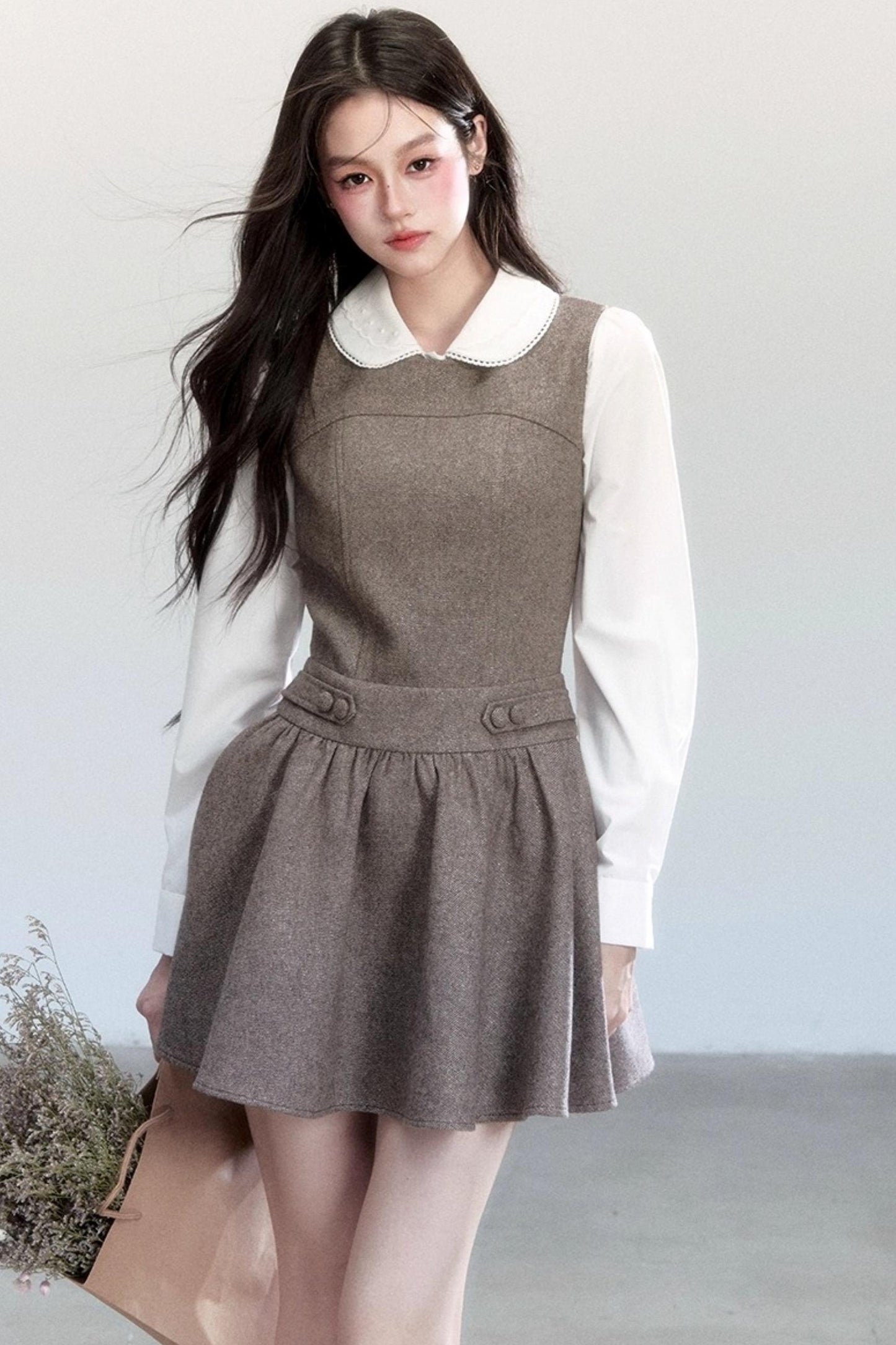 Doll Collar Shirt With Dress Set-Up