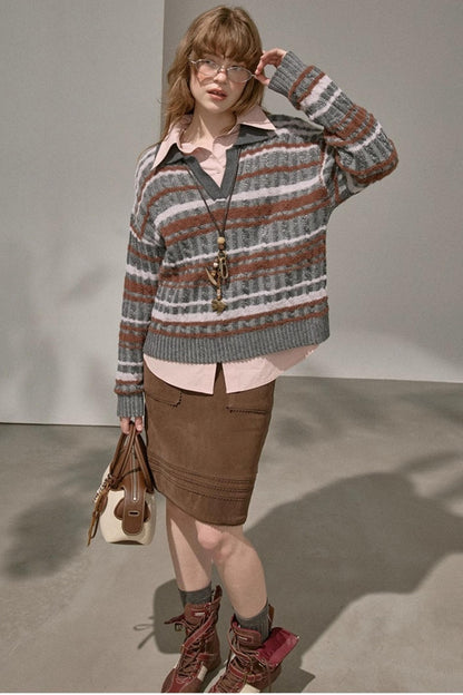 Cable Striped Pullover Sweater