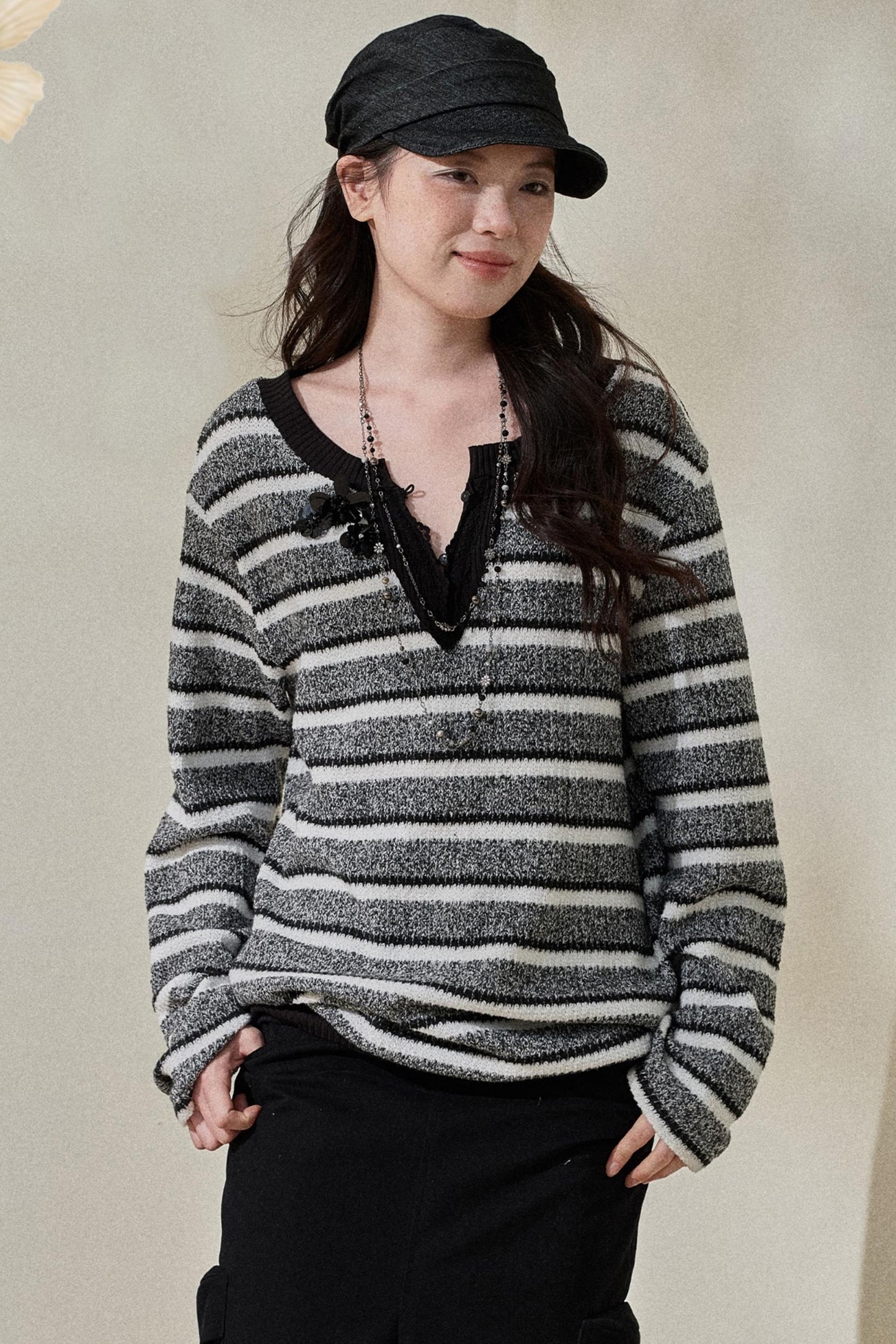 Striped V-Neck Knitted Top & Scarf Set