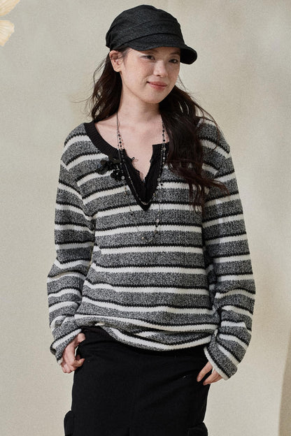 Striped V-Neck Knitted Top & Scarf Set