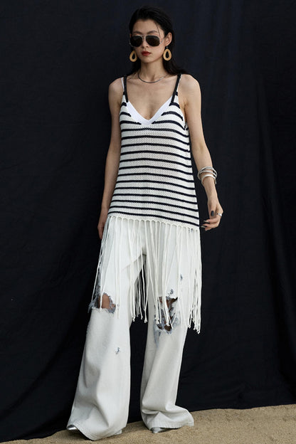 Summer Jacquard V-Neck Leather Hem Vest