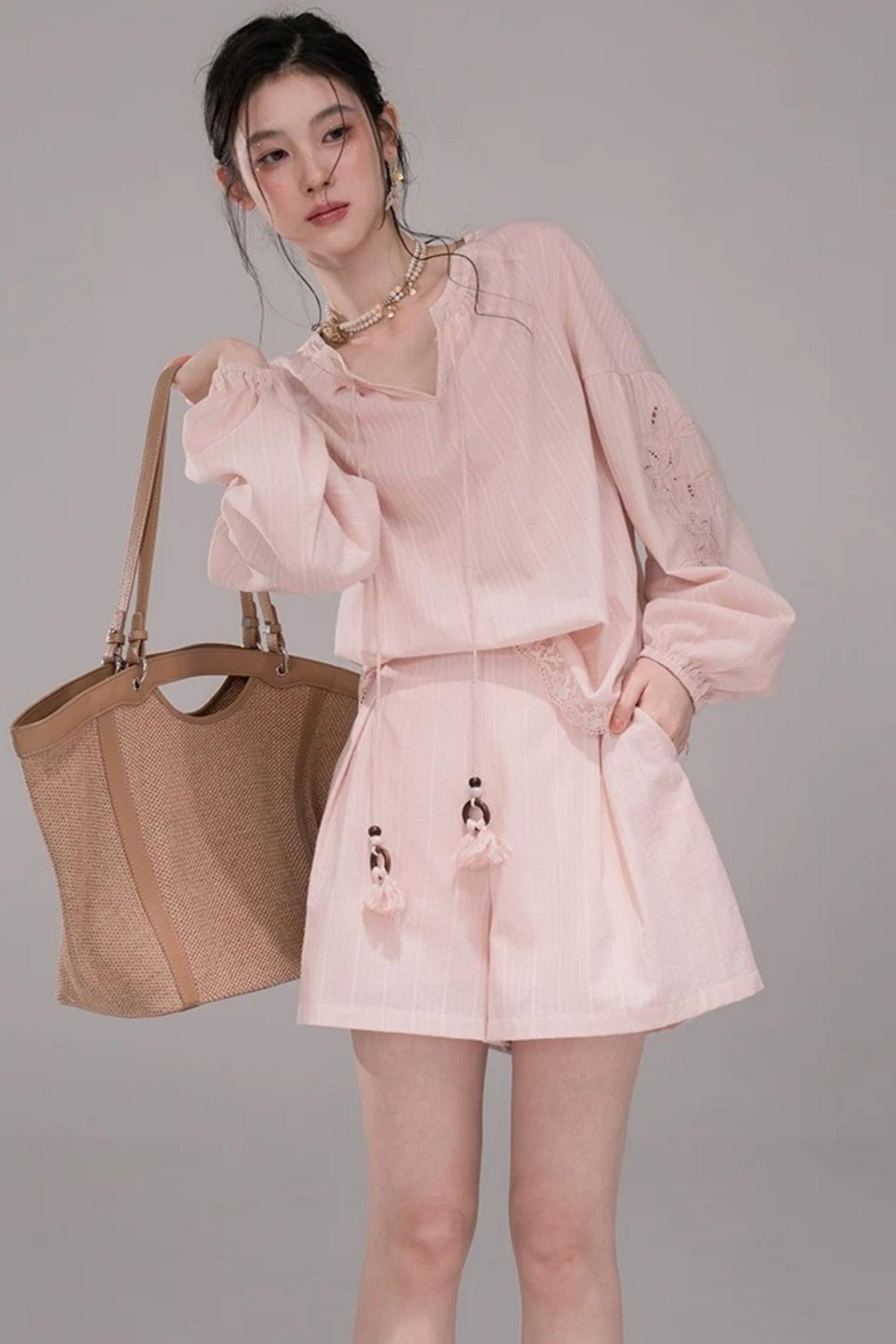 Cloud Peach Embroidered Striped Shirt Set-Up