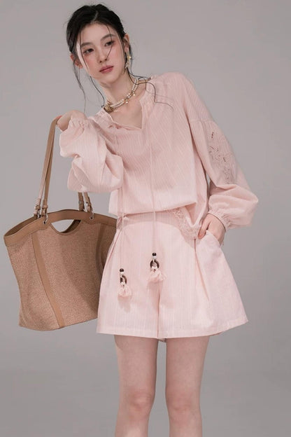 Cloud Peach Embroidered Striped Shirt Set-Up