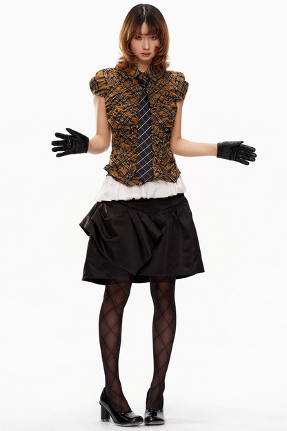 Yellow Plaid Puff-Sleeve Blouse