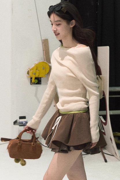 Plaid Color-Blocked Puffy Skirt