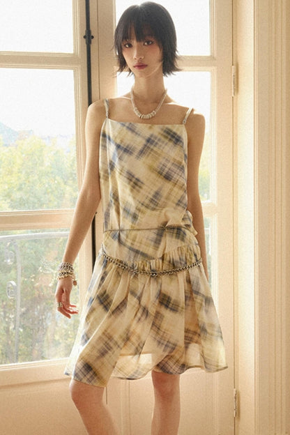 Illusion Plaid Halter Dress