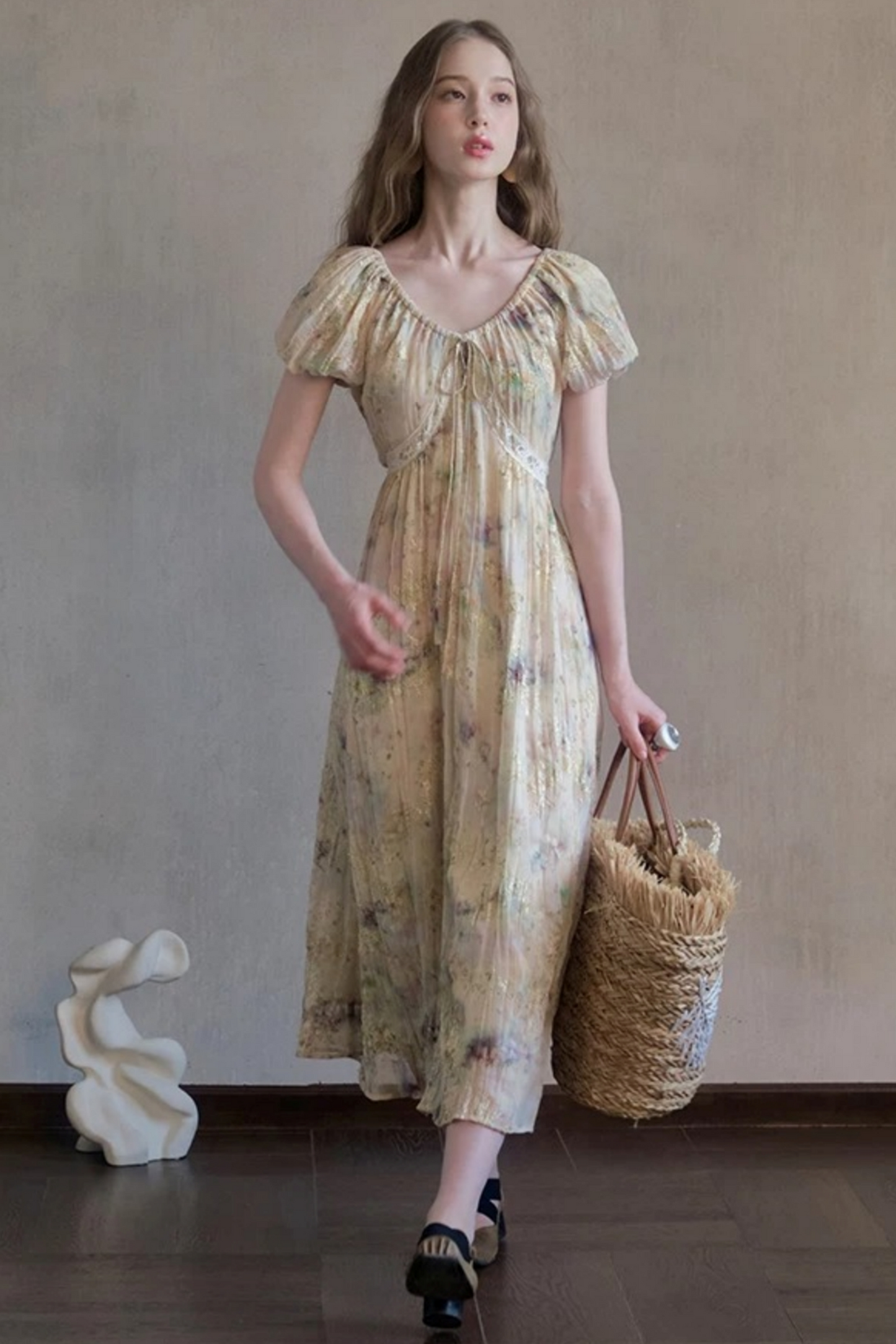 Embroidery Pleated Puff Sleeve Dress