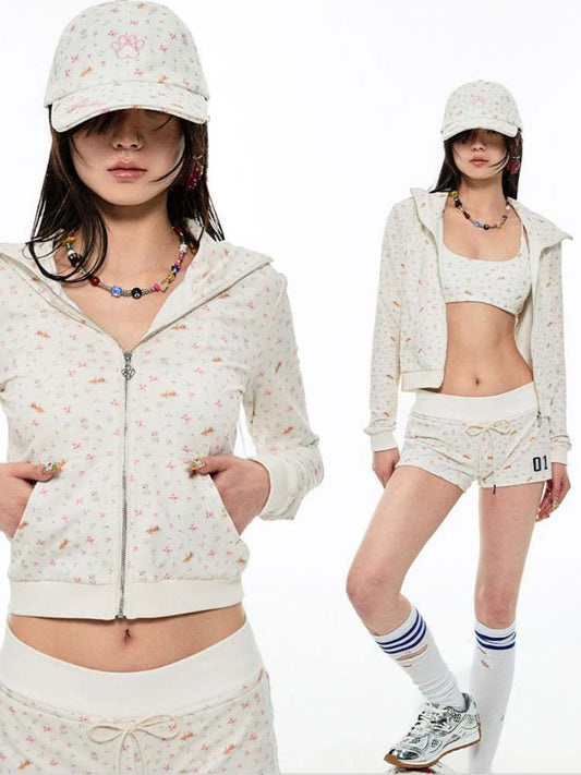 Animal Flower Print Zip-Up Hoodie & Short Pants Set Up