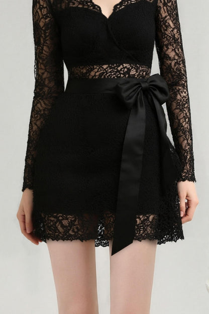 Elegant V-Neck Lace Bow Dress