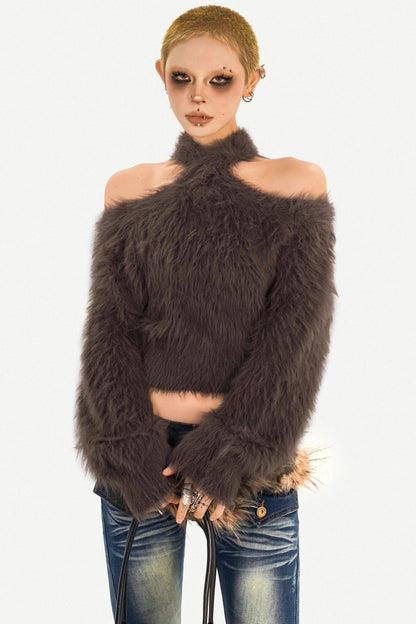 Retro Knit Off-Shoulder Sweater