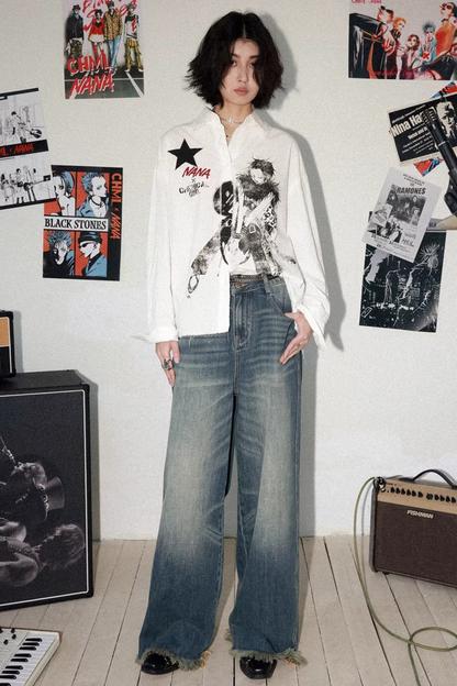 Retro Bluse mit ausgefranstem Saum