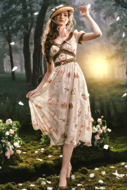 French Retro Lace Print Dress