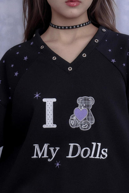 V-Neck Star Plaid Bear Sweatshirt