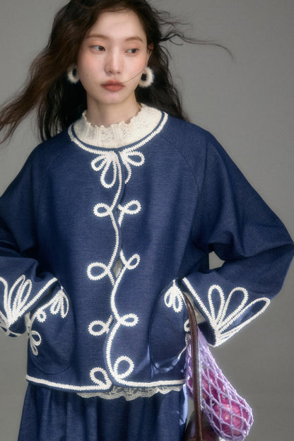 Vintage Embroidery Denim Cardigan Pants Set-Up