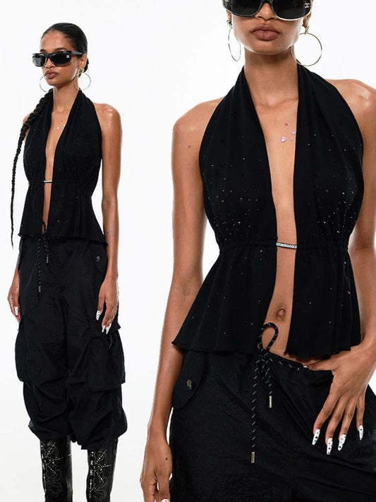 Rhinestone Backless Halter Neck Tops