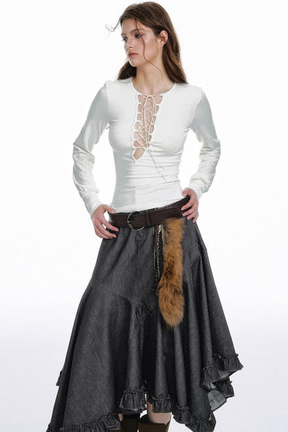 Strap Cut-Out Slim Sleeve T-Shirt