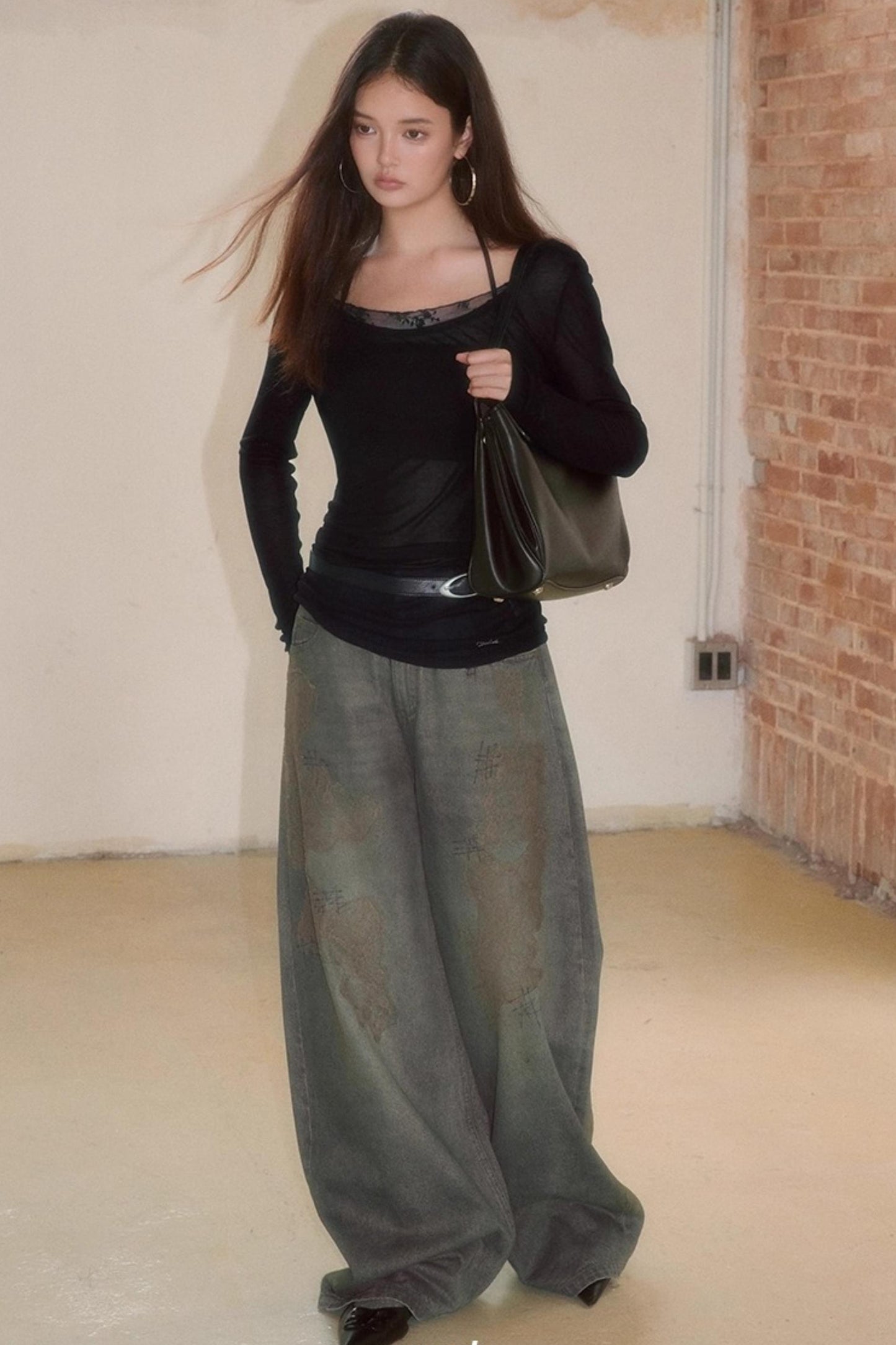 Spliced Long Sleeve Swing Collar T-Shirt