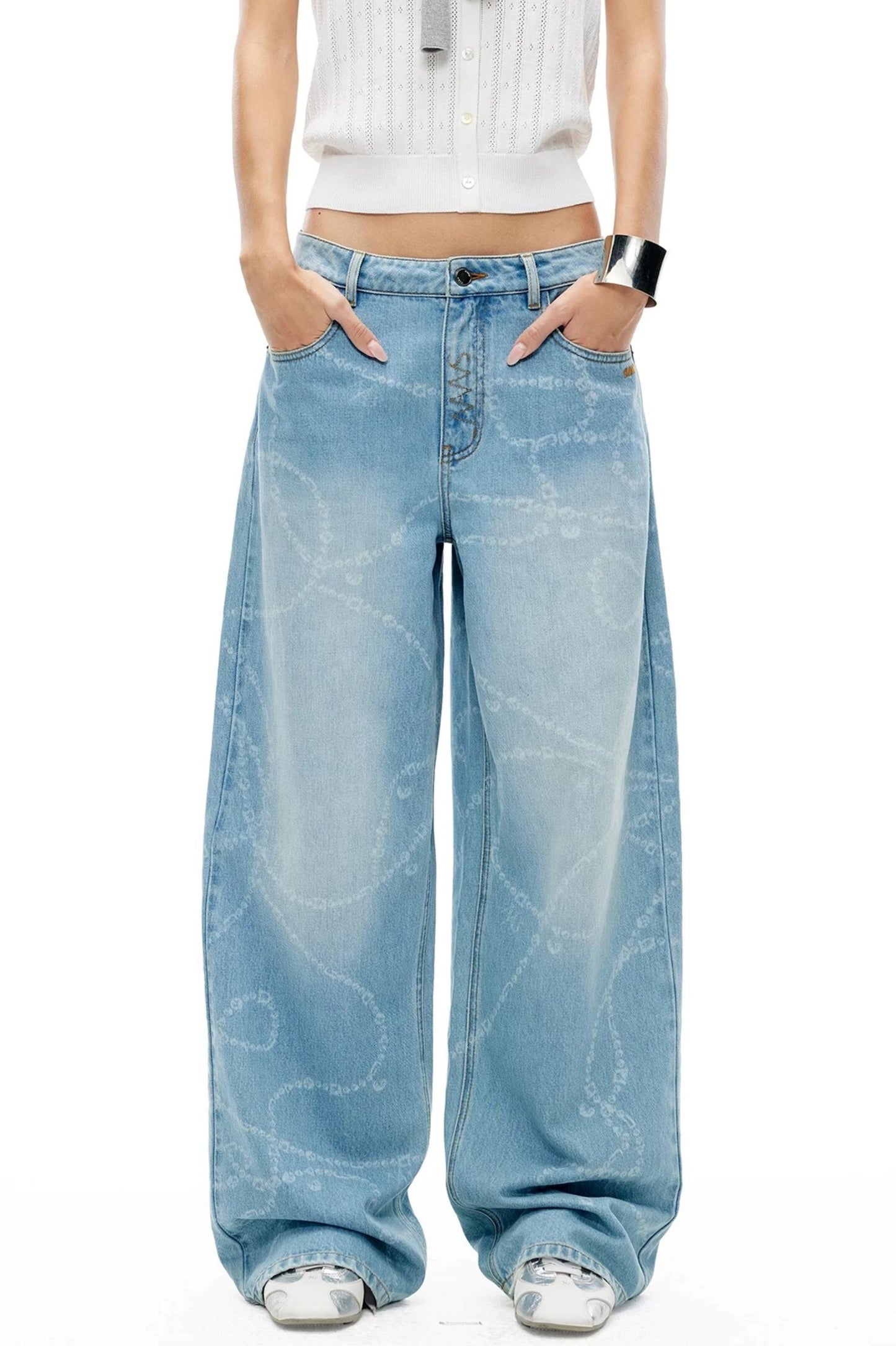 Washed Laser Print Denim Pants