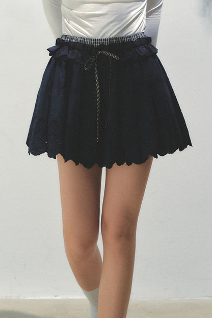 Navy Pleated Embroidered Skirt