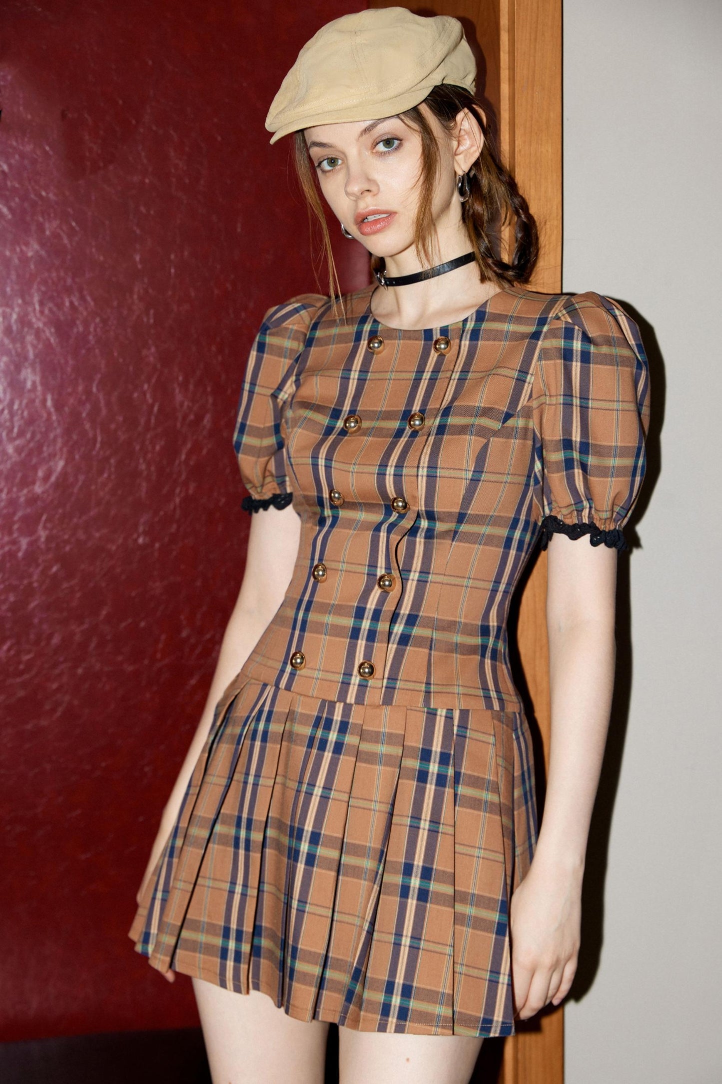 Bubble Sleeves Plaid Dress