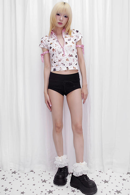 Cuff Embellished Zip-Up Polo Shirt