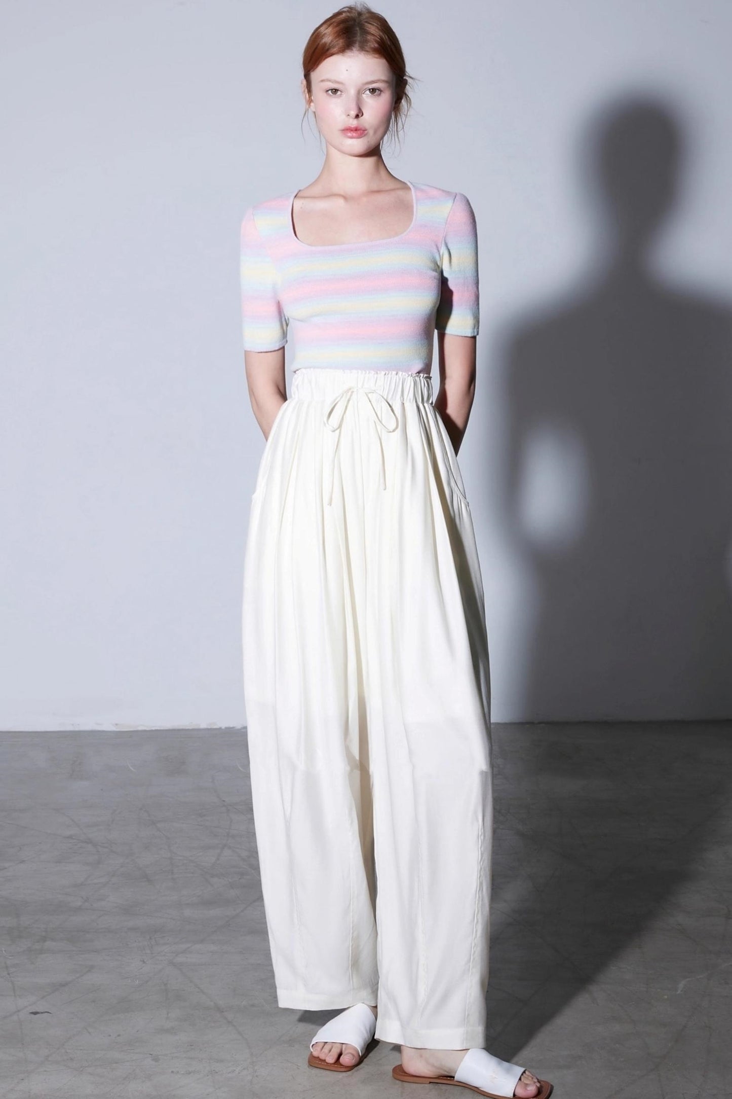 Cotton Elastic Lace-Up Wide-Leg Balloon Pants