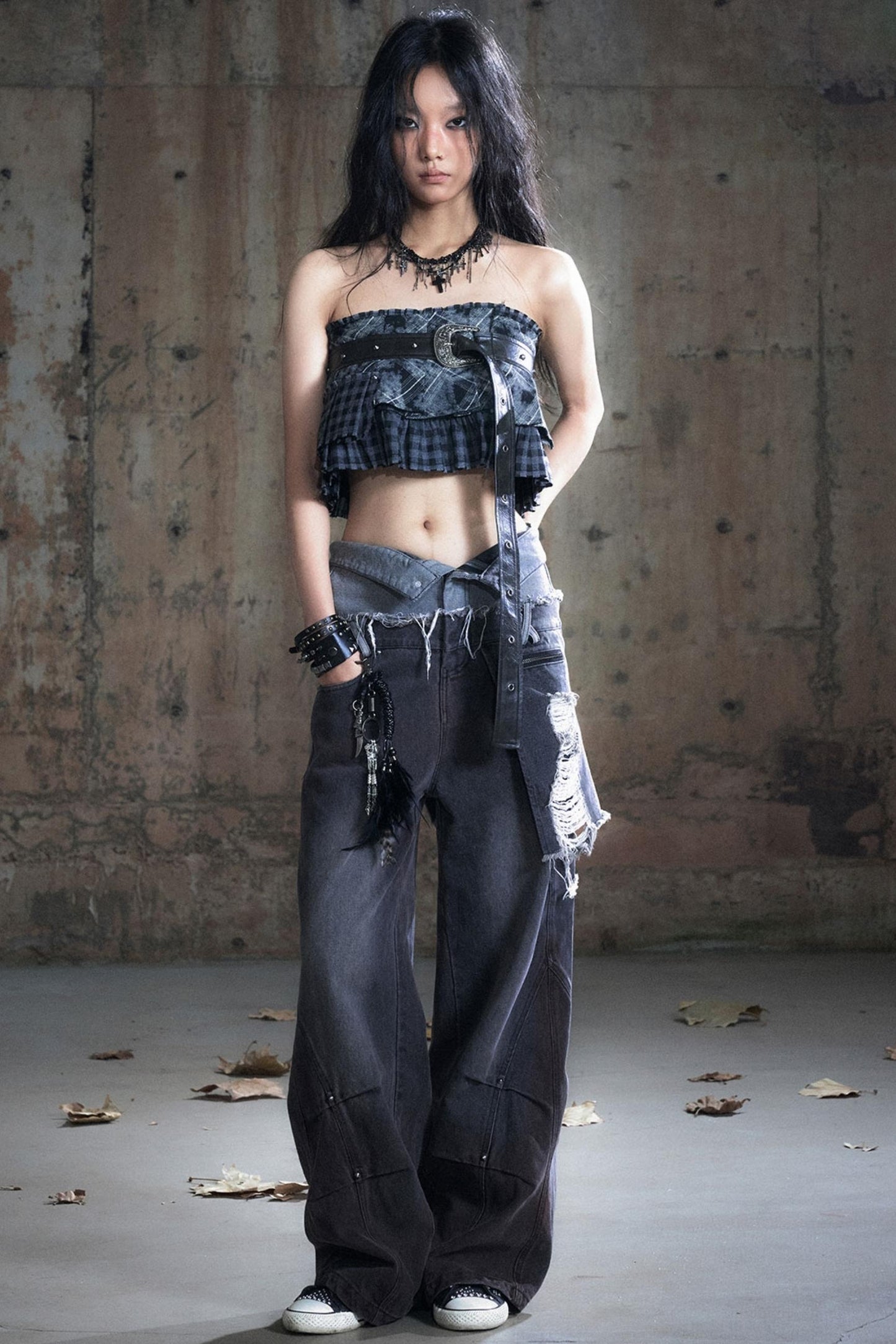Double-Waist Patchwork Wide-Leg Pants
