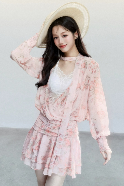 Completo Abito Floreale in Chiffon Rosa