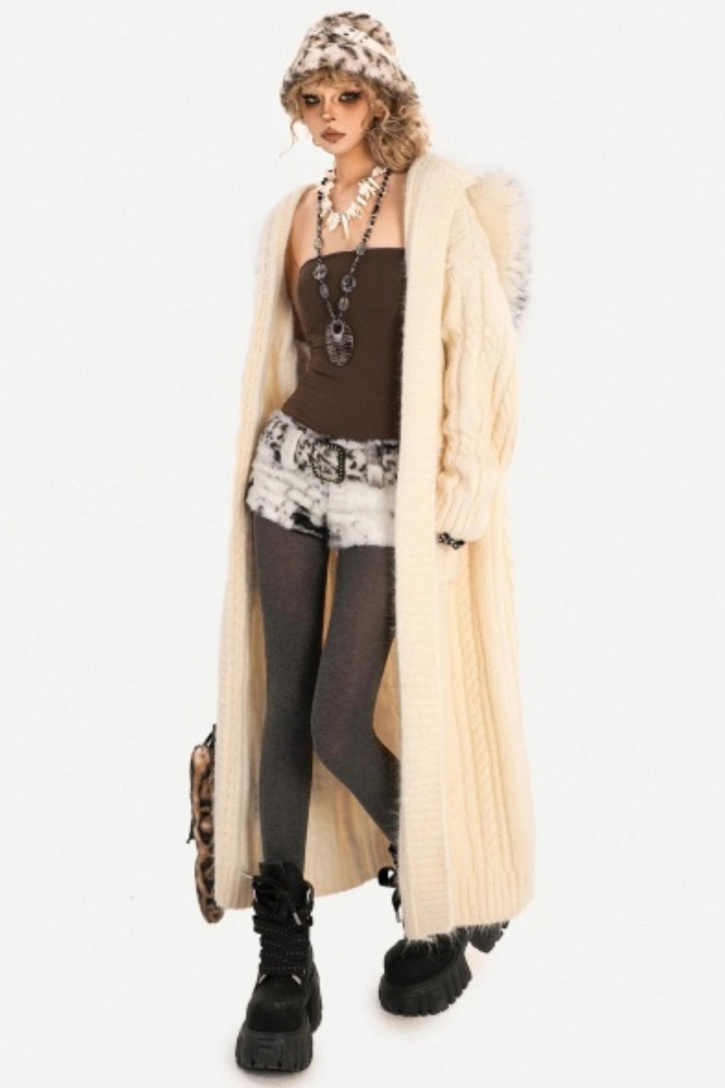 Vintage Knit Hooded Cardigan Coat