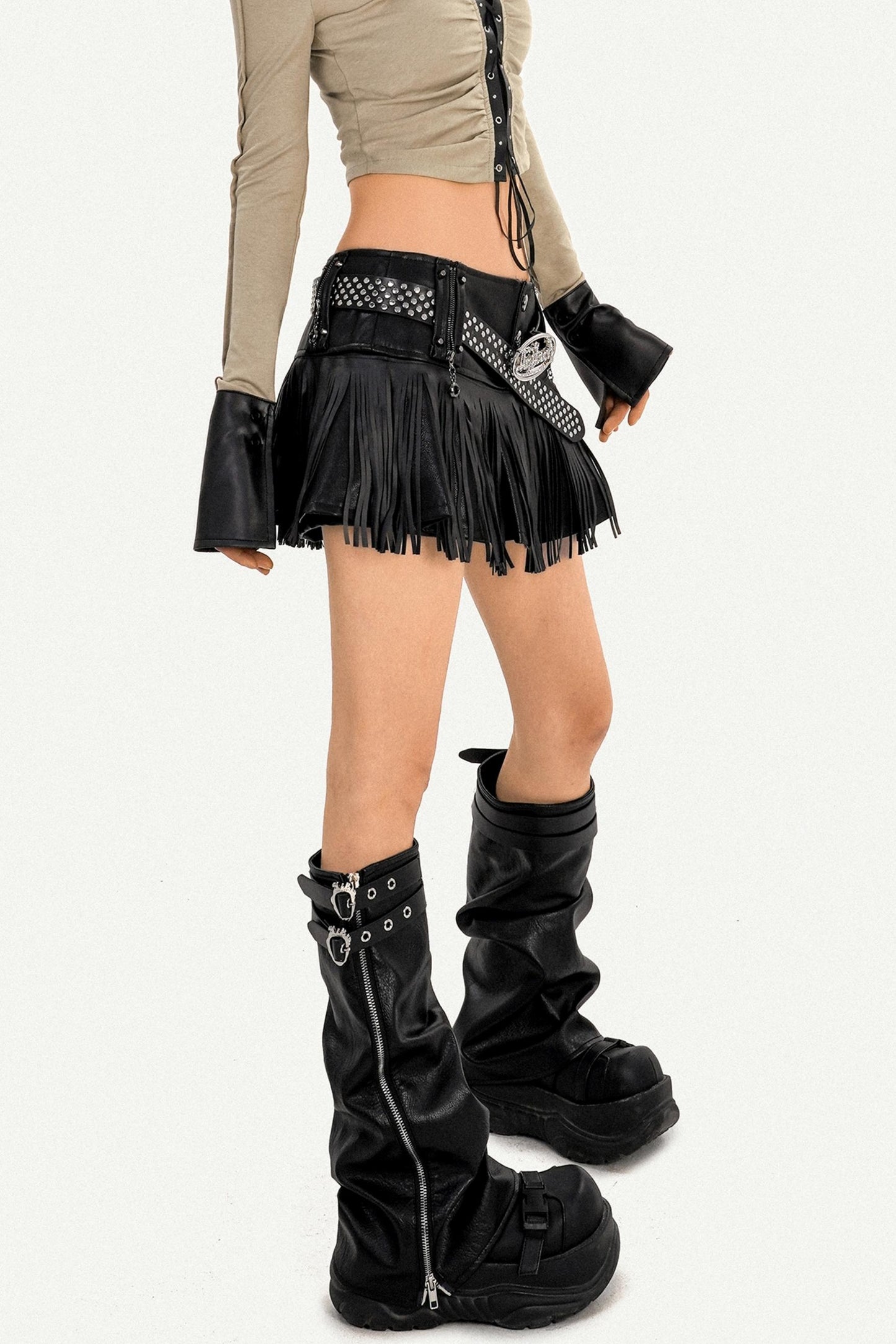 Hot Girl Fringed Leather Skirt