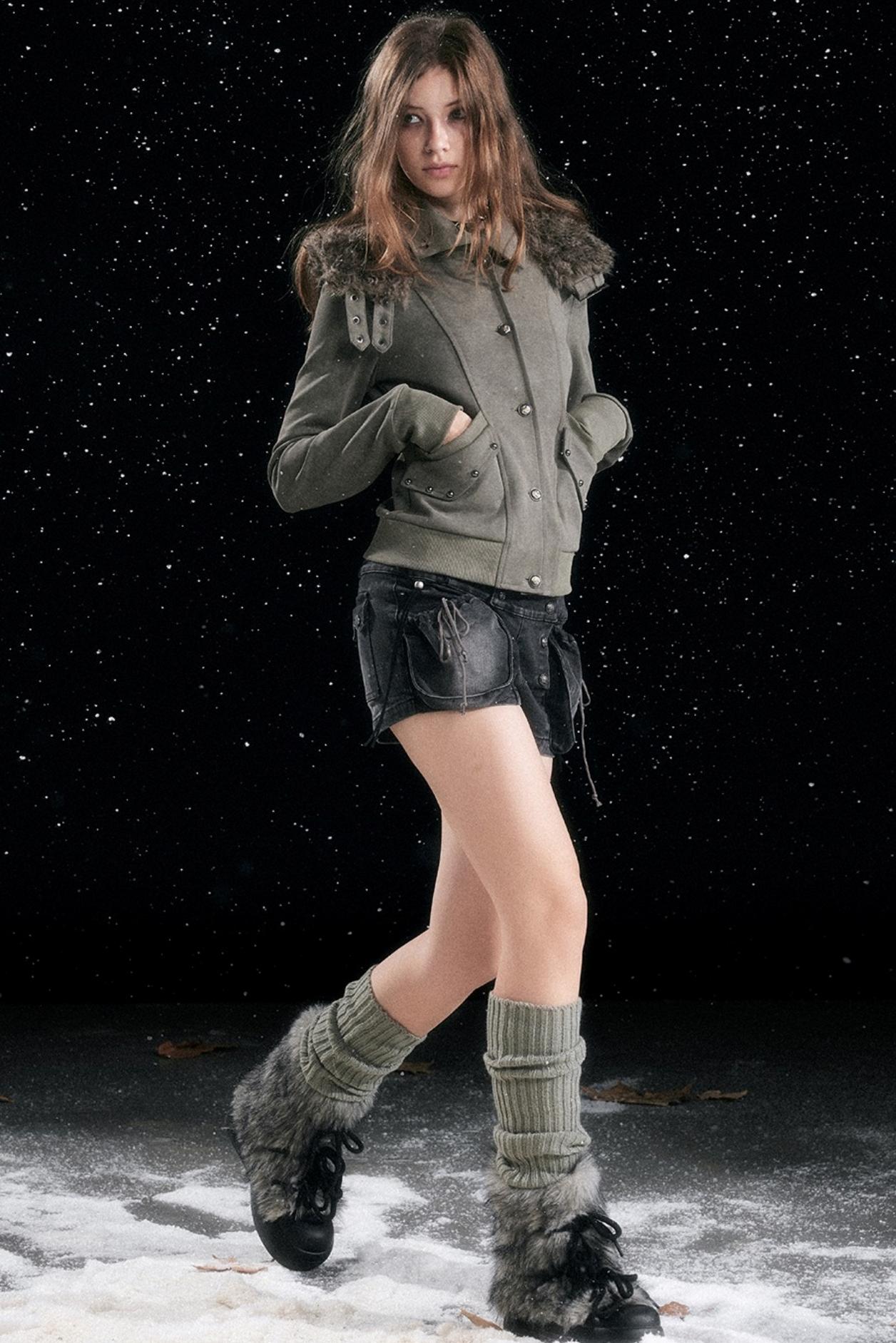 Aged Vintage Detachable Fur Hooded Coat