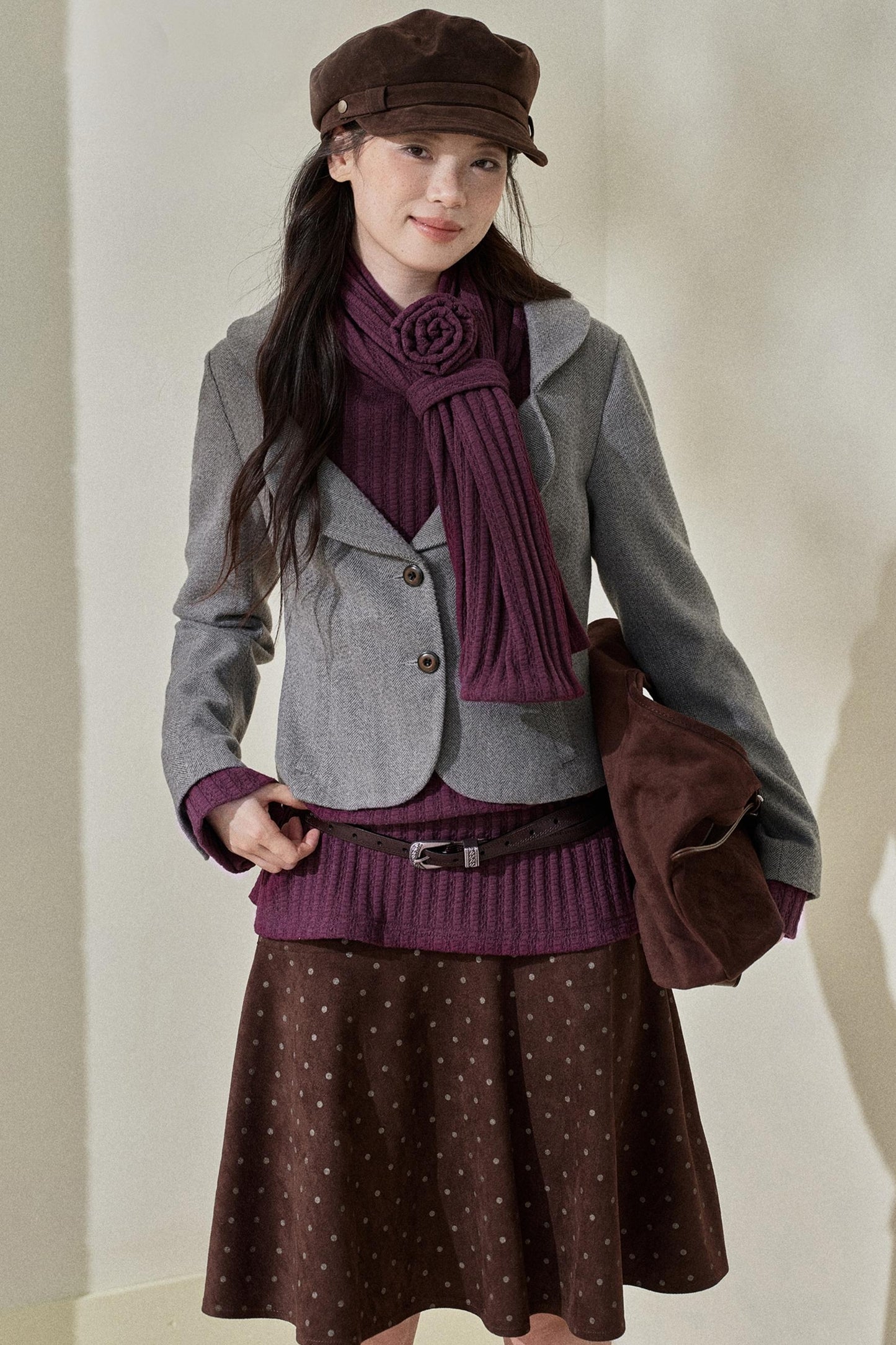 Purple Strip Knit Gray Woolen Jacket Set-Up