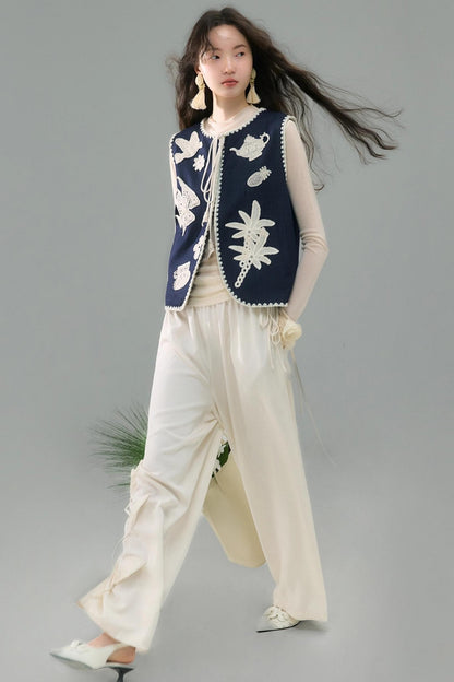 Three-Dimensional Calla Lily Linen Blend Wide-Leg Pants