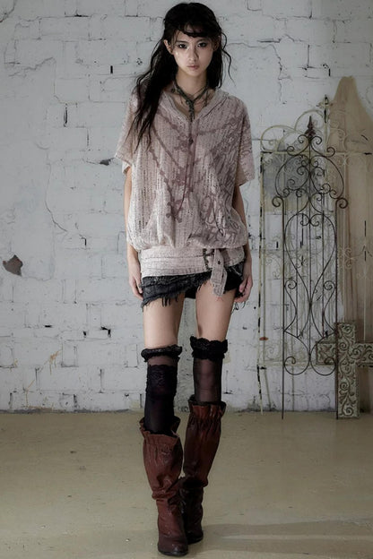 Punk Ripped Knit Hooded Blouse
