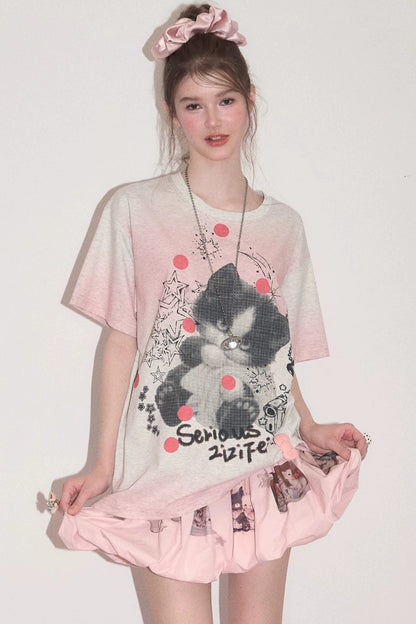 T-Shirt mit rosa Farbverlauf und Katzenprint