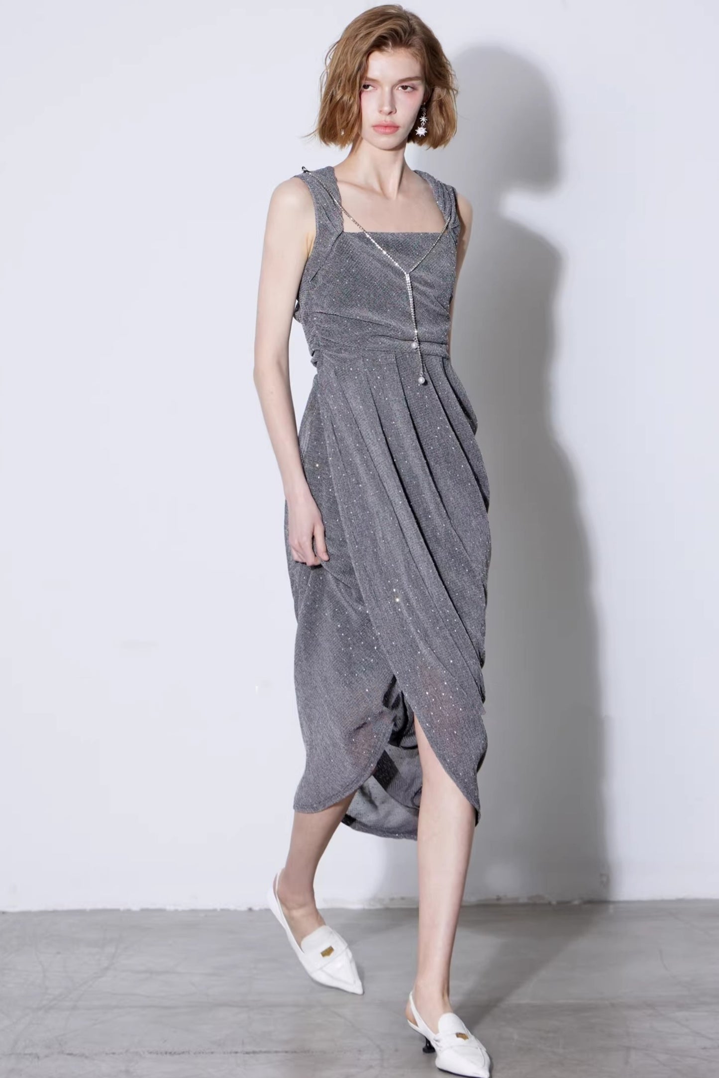 Rhinestone Pleated Knit Dress